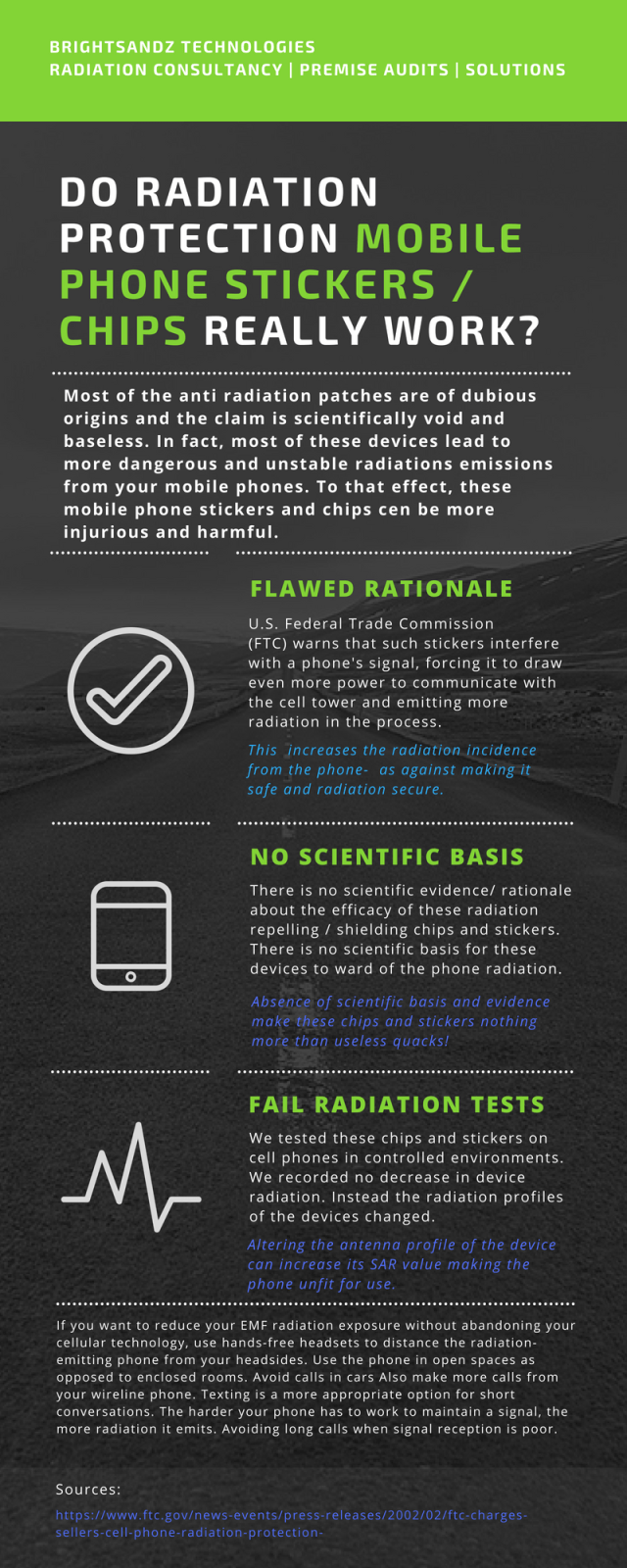 Infographic: Three reasons why you should not be trusting a mobile phone anti radiation sticker to do the job for you.